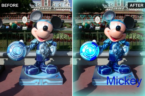 Before and After of TRON Mickey outside the Magic Kingdom, Walt Disney World, Orlando, Florida